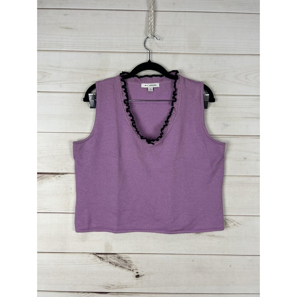 St. John Sweater Vest Womens Large Purple Crop Ruffle V Neck Knit Made USA